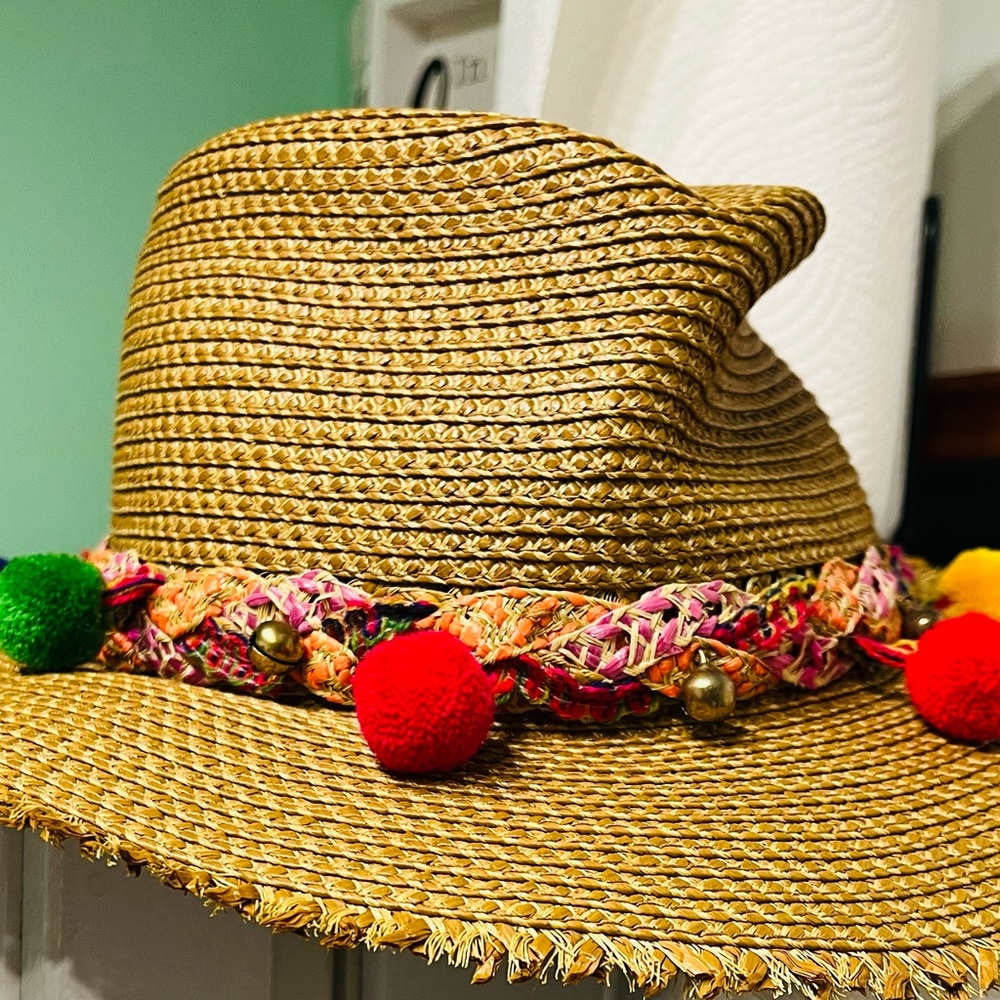 Eric Javits Gold Woven Hat with Colorful Pom Poms